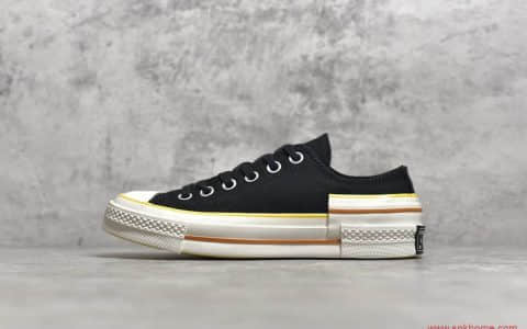 匡威解构帆布鞋黑黄白撞色 Converse 匡威黑色低帮拼接帆布鞋 货号：568802C