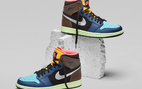 复刻AJ1 UNDFTD联名 Air Jordan 1 High OG “Bio Hack”蓝黑棕黄粉多色拼接实物图 货号：555088-201