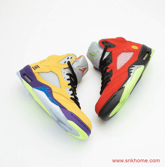 AJ5融合8双人齐配色 Air Jordan 5 “What The” AJ5红黄鸳鸯鞋发售日期 货号：CZ5725-700