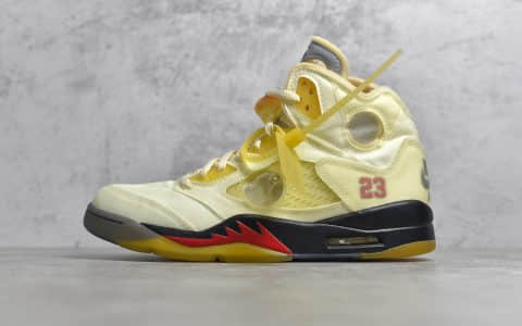AJ5OW联名白蝉翼米黄色球鞋 Off-white x Air Jordan Retro 5 SP 白蝉翼AJ爆款 货号：DH8565-100