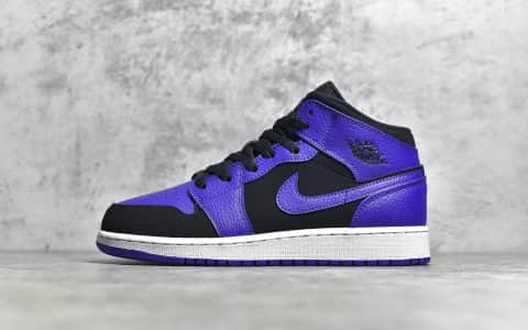 AJ1黑紫中帮纯原版本 Air Jordan 1Mid Black Dark Concord 莆田AJ1顶级品质 货号：554125-051